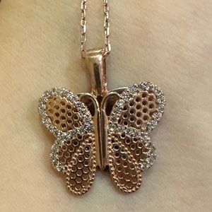 925 Silver butterfly cz double heart inside necklace 14K rose gold plated